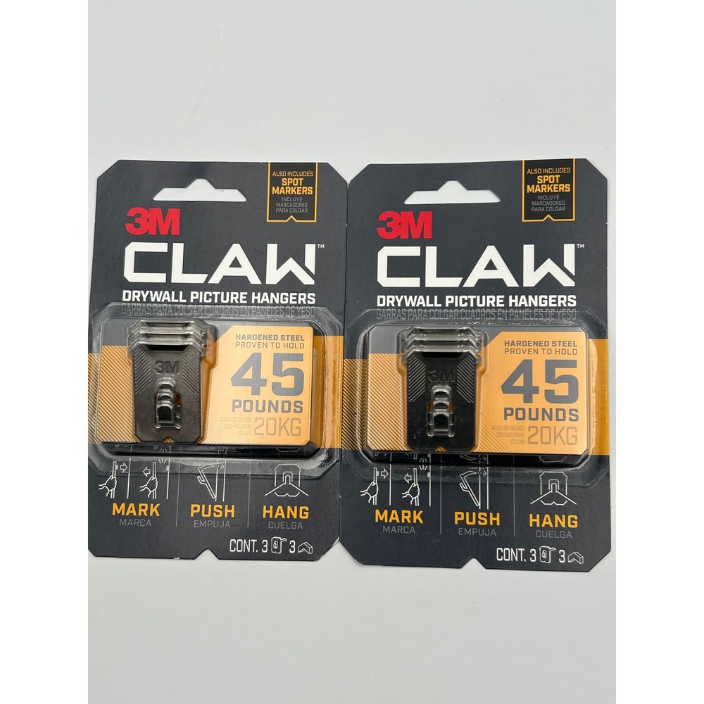 2 Pack- 3M CLAW Drywall Picture Hangers 45lb Heavy Duty No Tools 6 Total Hangers